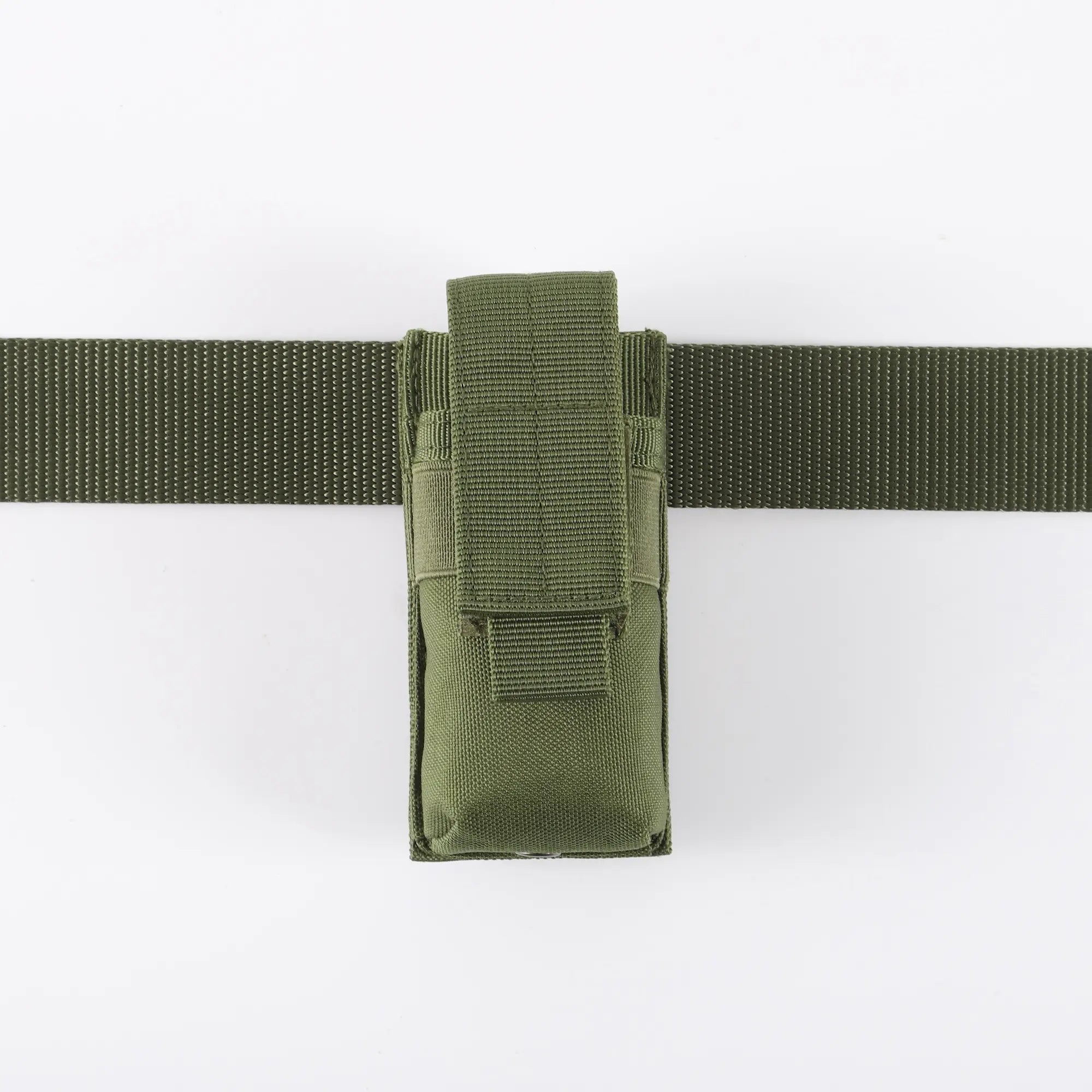 Green flashlight holder viewed on green belt