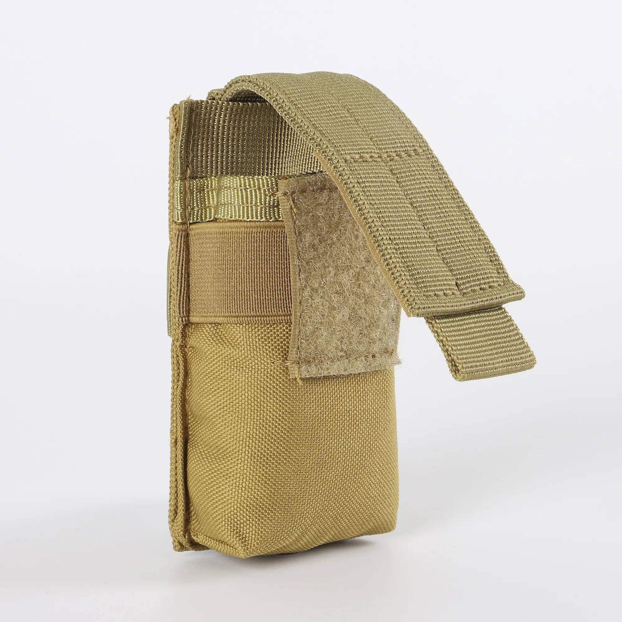 Khaki flashlight holder viewed from side with vecro open