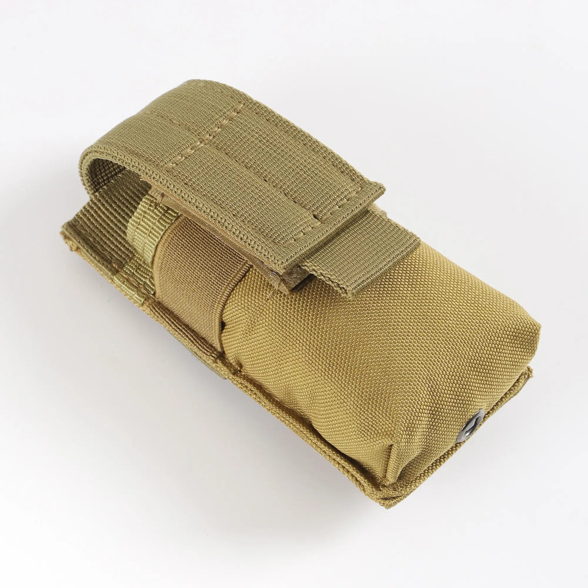 Khaki flashlight holder viewed from above and side