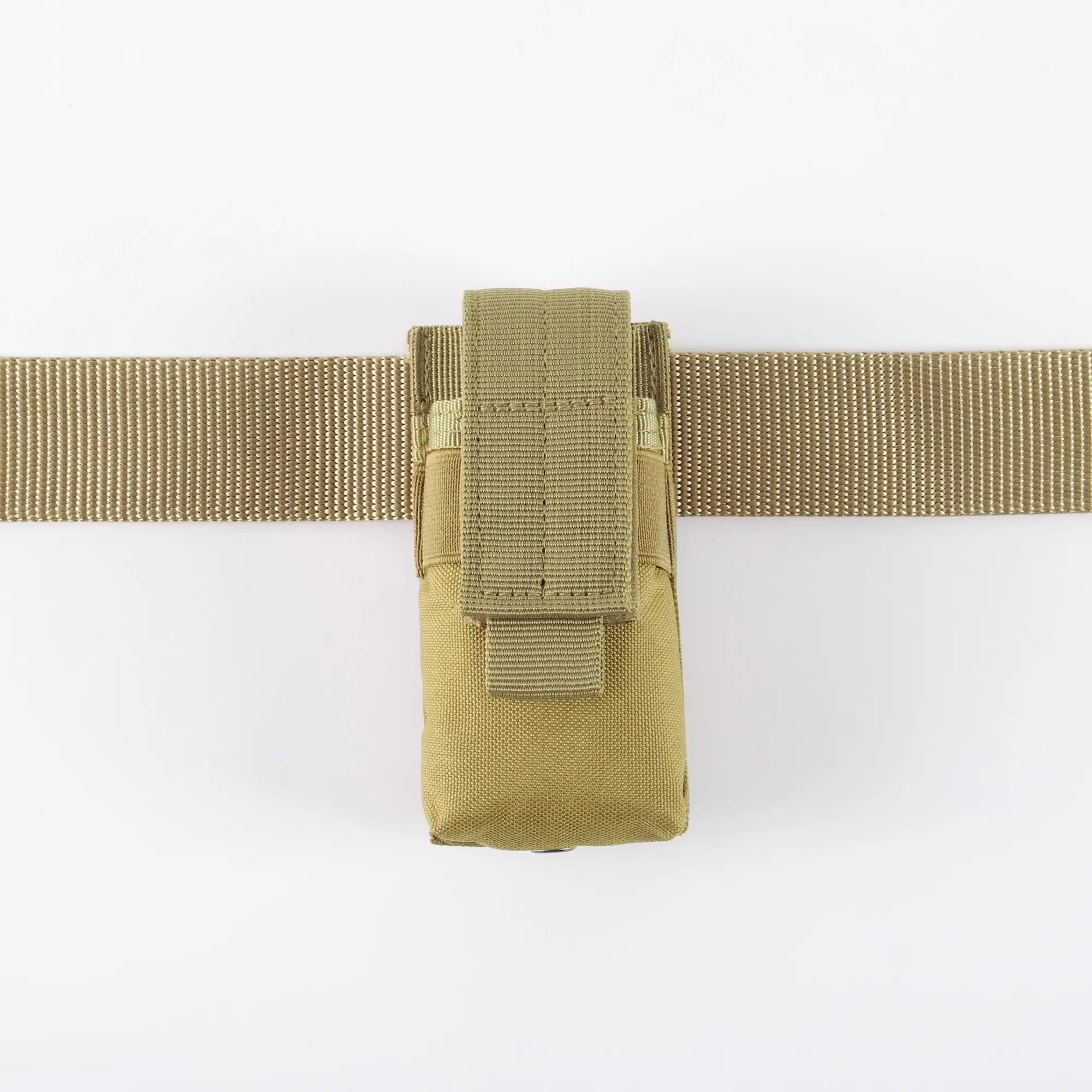 Khaki flashlight holder viewed on khaki belt