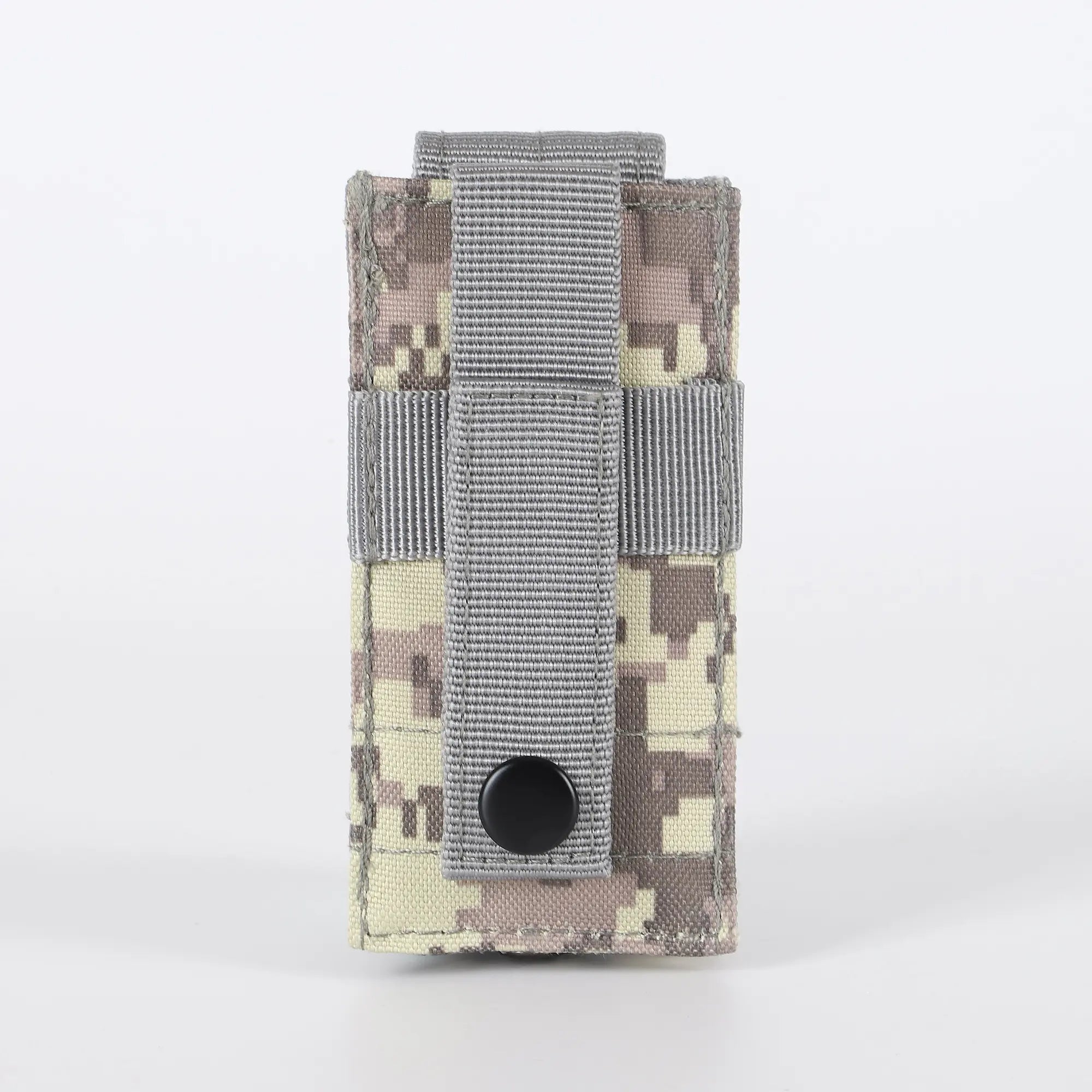 Light camo flashlight holder and clip viewed from back