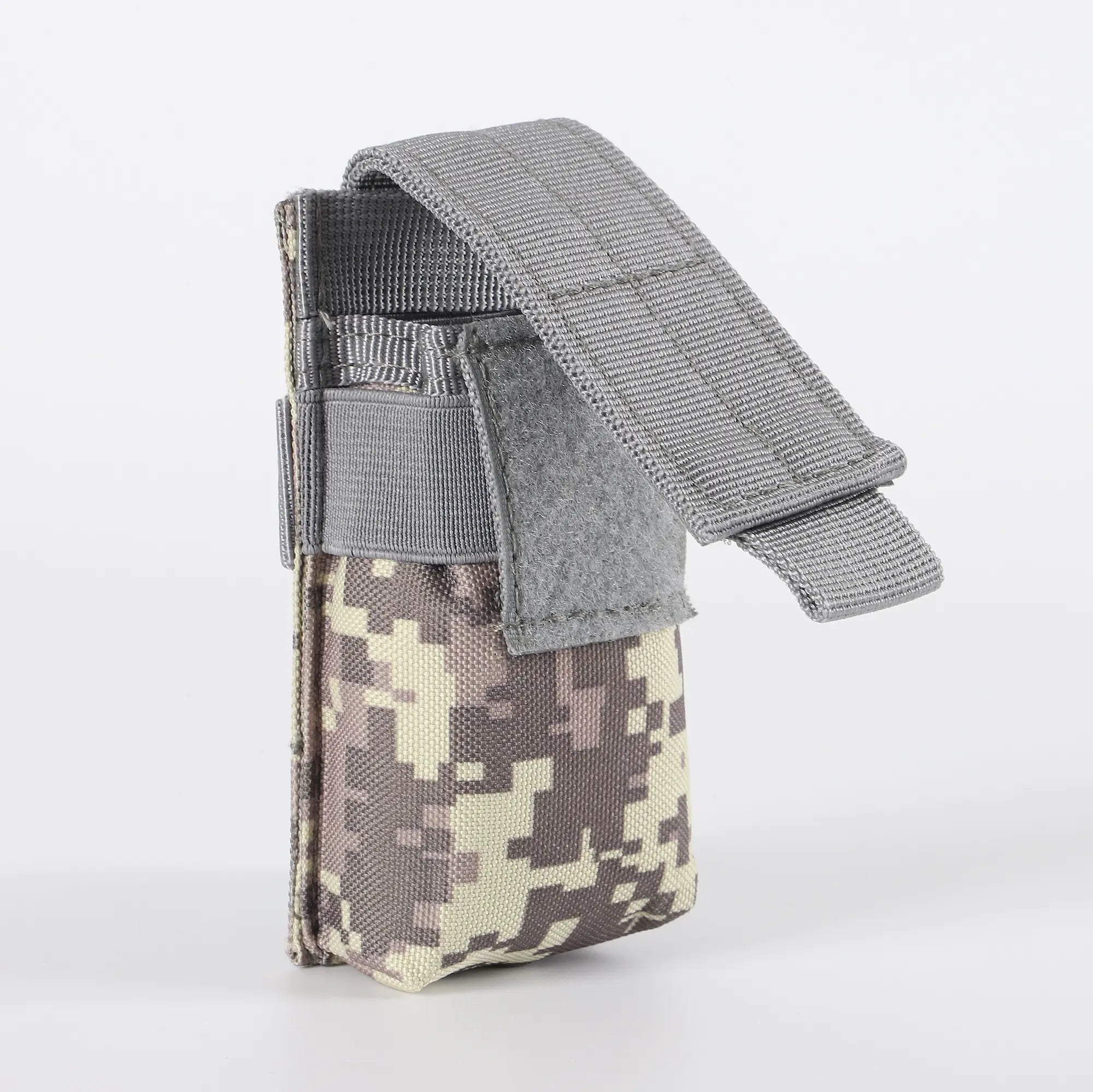 Light camo flashlight holder viewed from side with velcro open