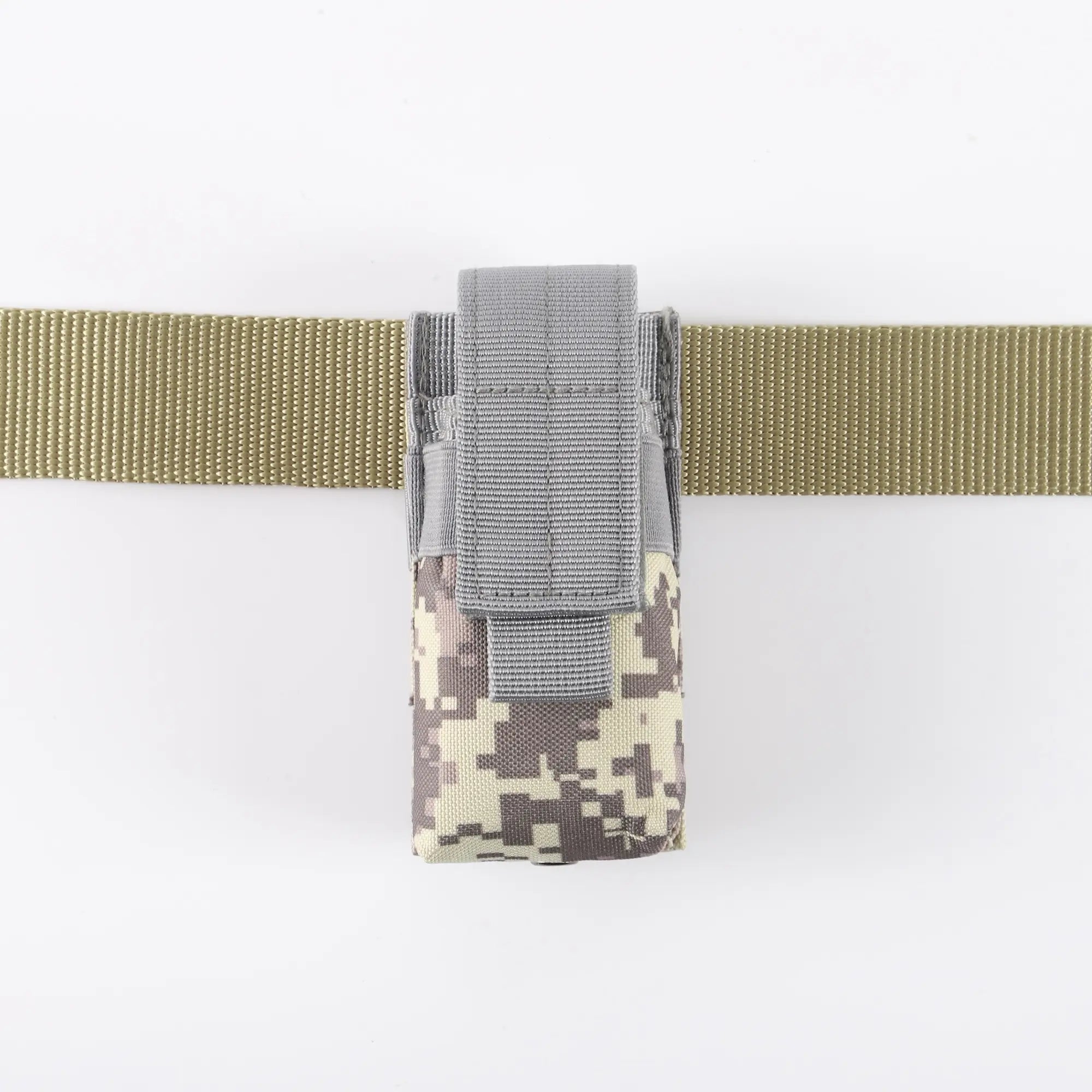 Light camo flashlight holder viewed on green belt