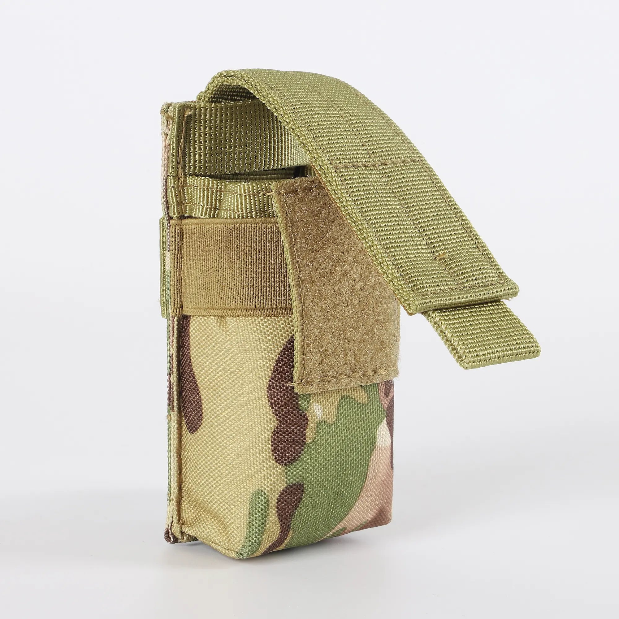 Standard camouflage flashlight holder viewed from side with velcro open