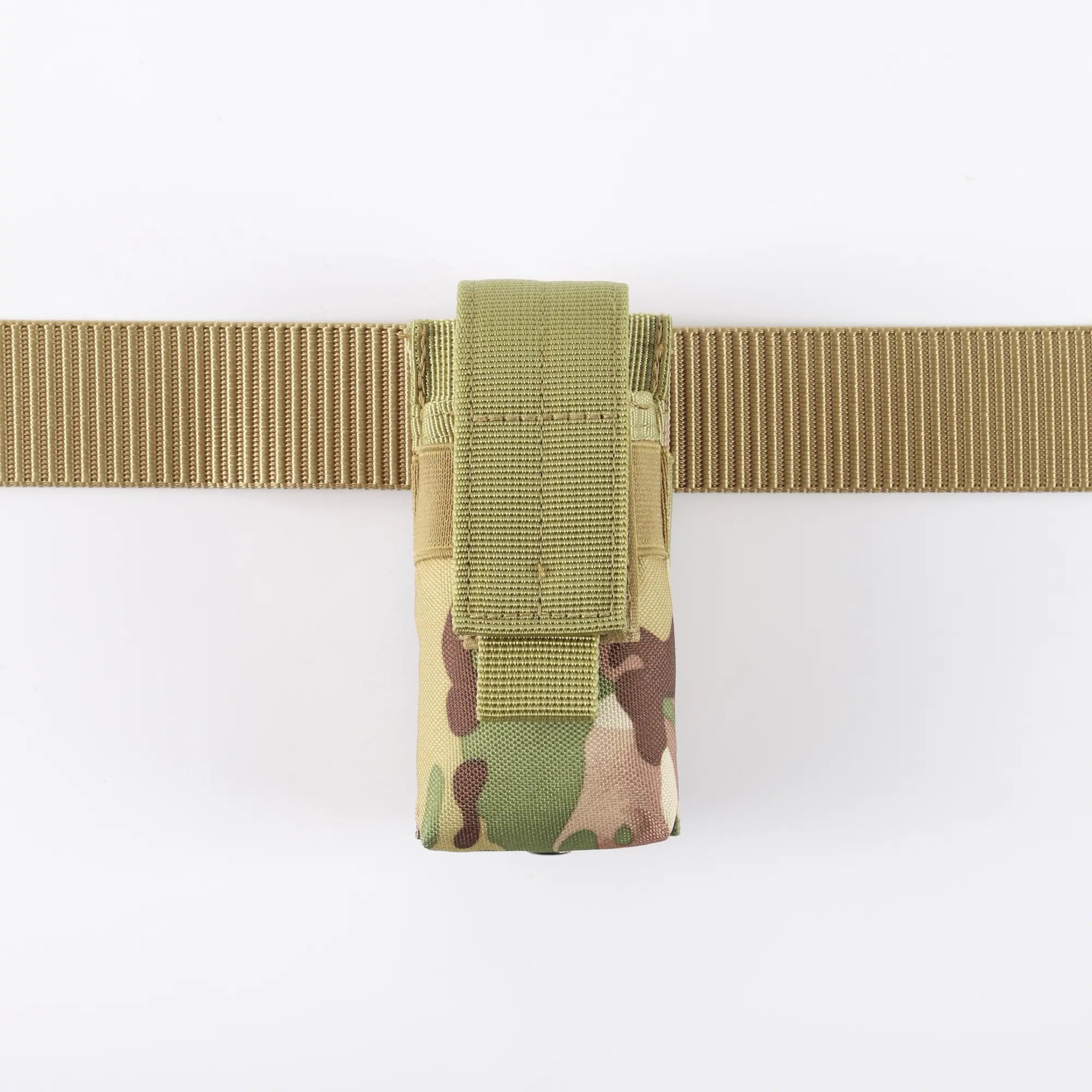 Standard camouflage flashlight holder viewed on khaki belt
