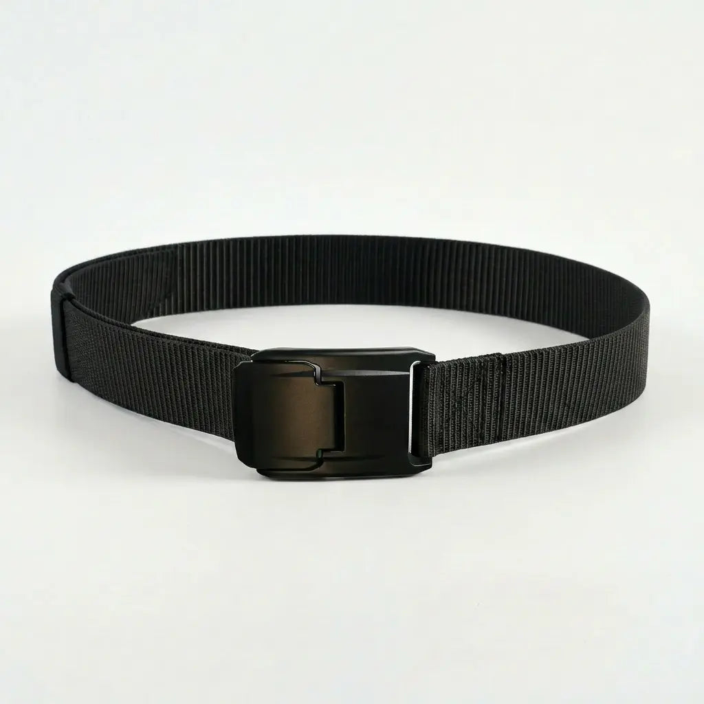 Black belt with a buckle on a light gray background
