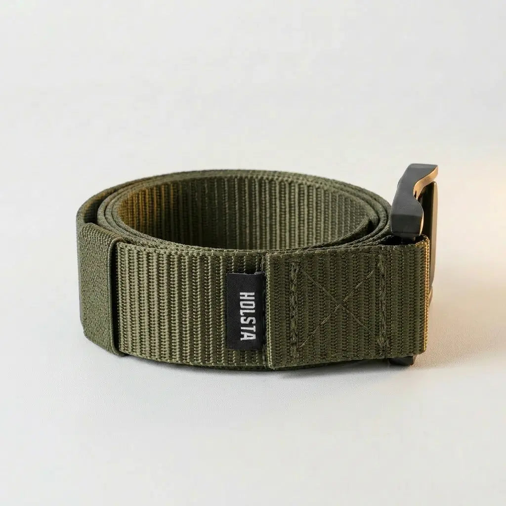 Green belt with a visible brand logo on a light gray background