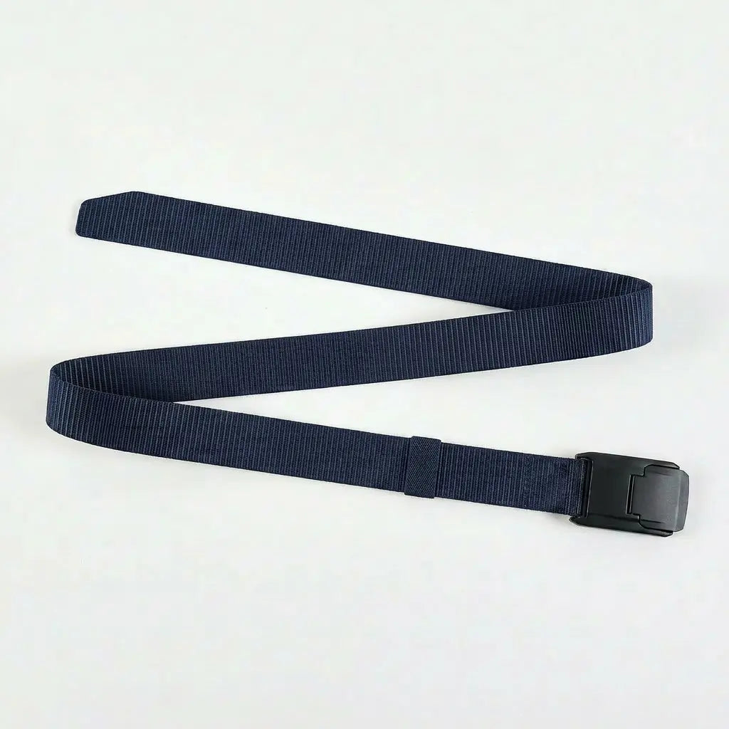 Navy blue belt with a black buckle on a white background
