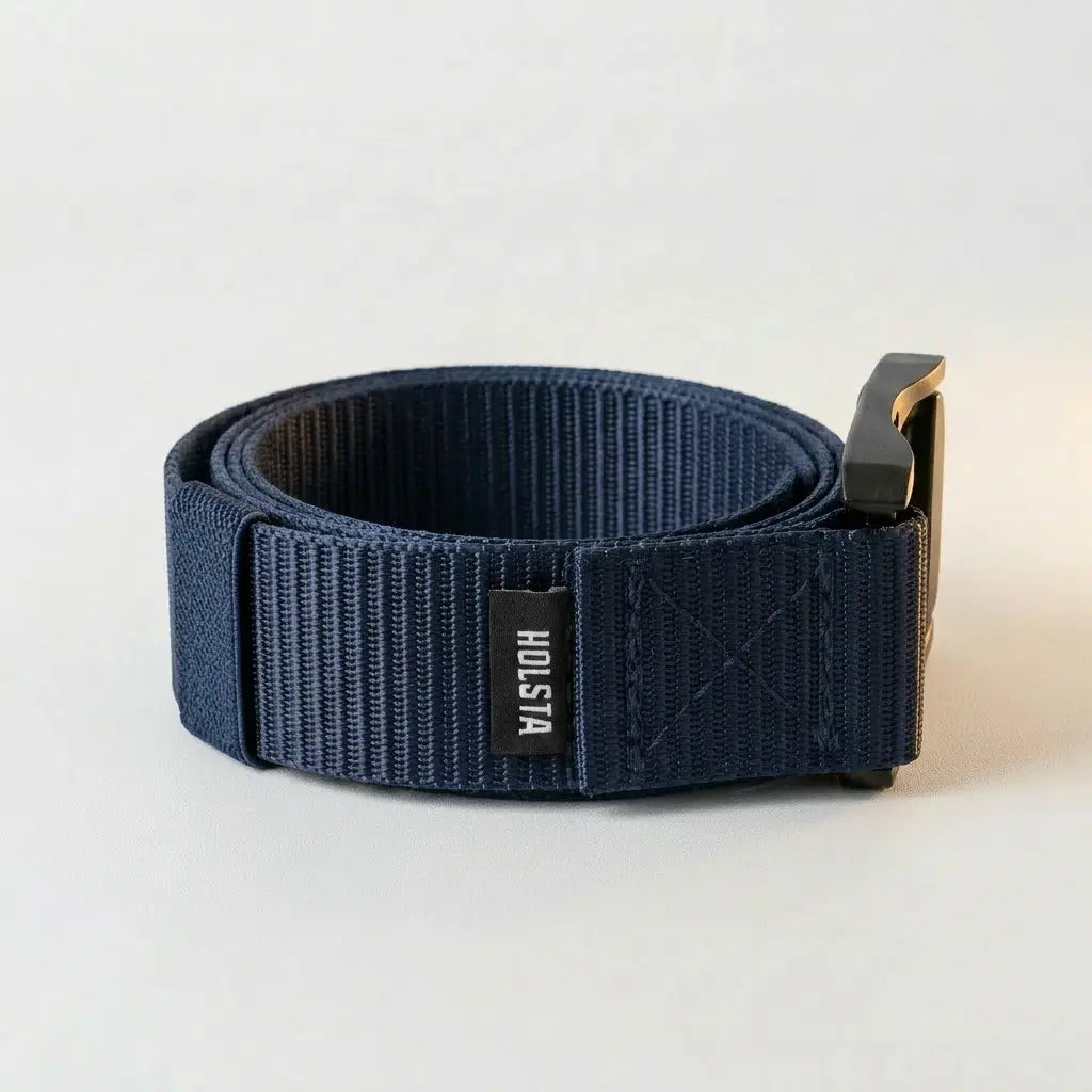 Blue belt with a visible brand logo on a light gray background