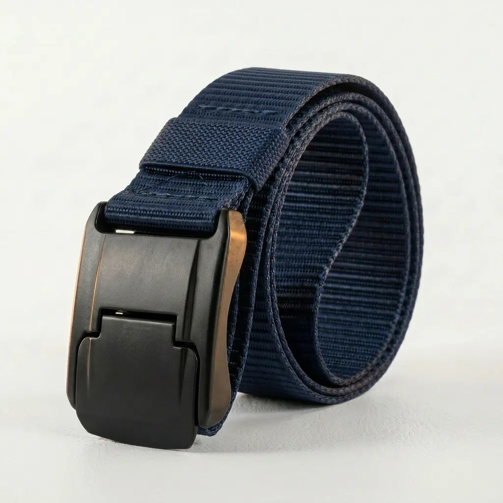 Navy blue belt with a black buckle on a light gray background
