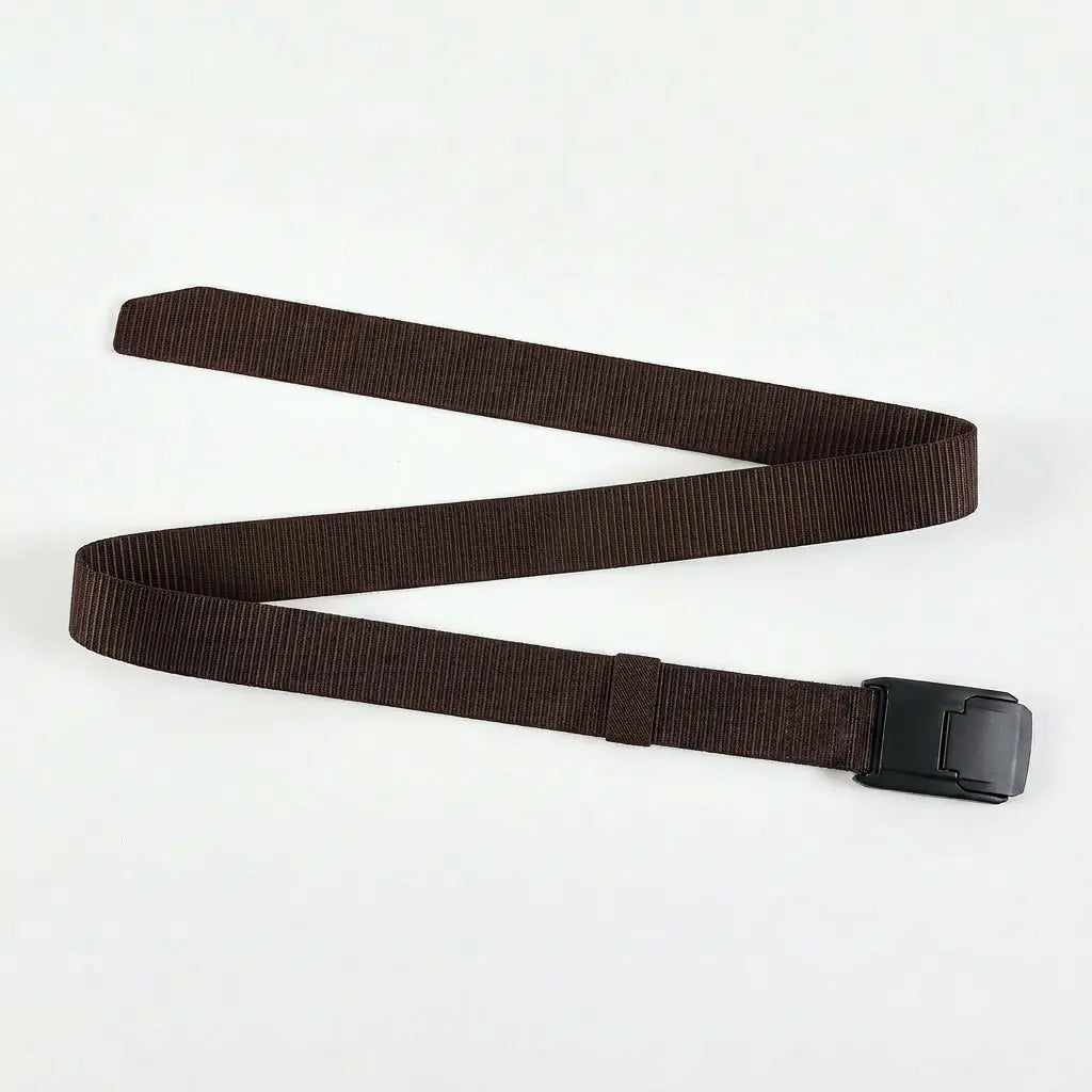Dark brown belt with a metallic buckle on a light gray background