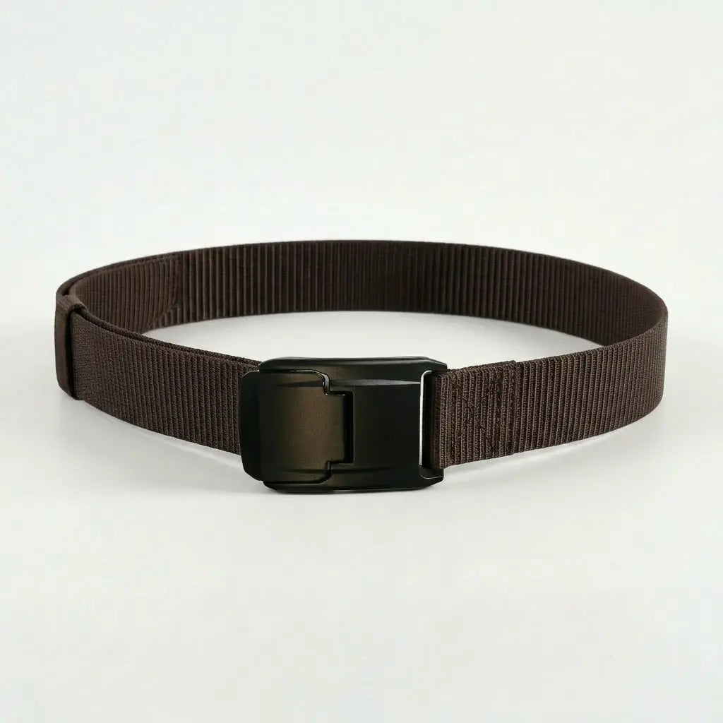Dark brown belt with a metallic buckle on a light gray background