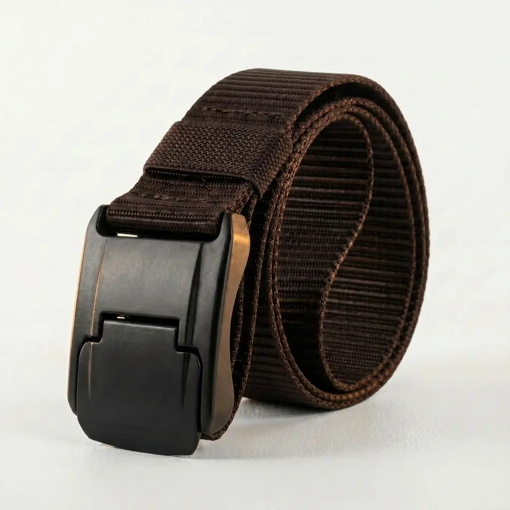 Dark brown belt with a metallic buckle on a light gray background