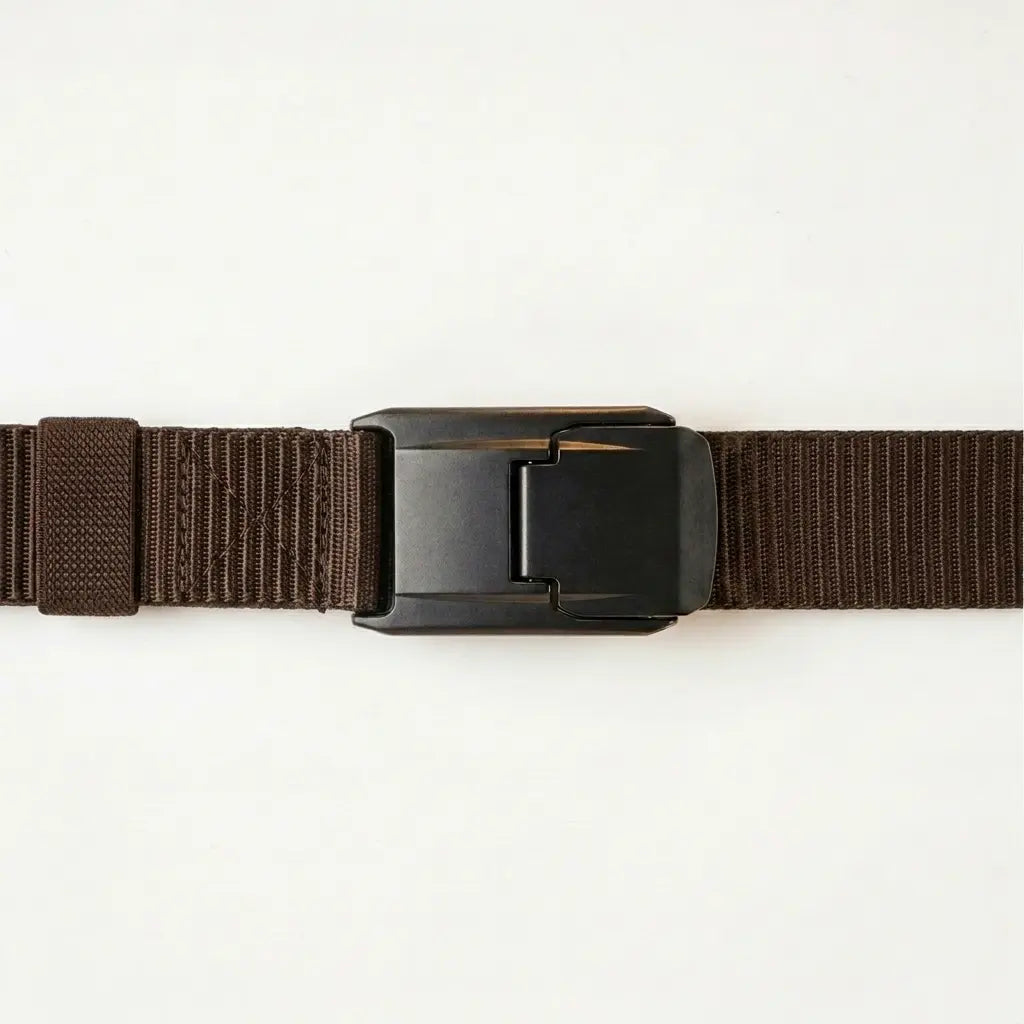 Dark brown belt with a metallic buckle on a light gray background