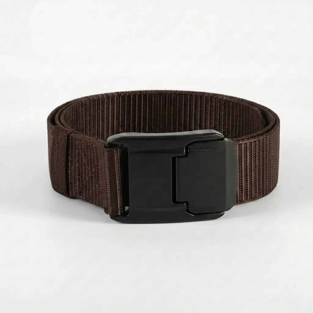 Dark brown belt with a metallic buckle on a light gray background