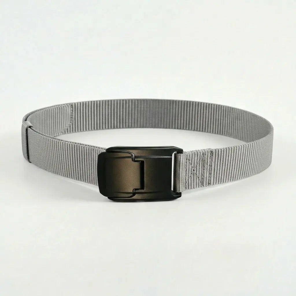 Gray belt with a black buckle on a light gray background