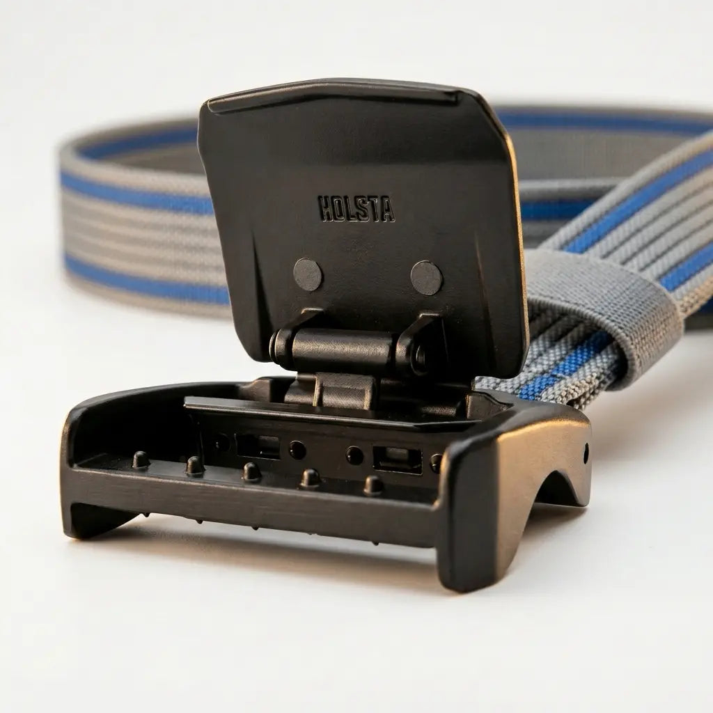 Gray and blue striped belt with a black buckle on a white background