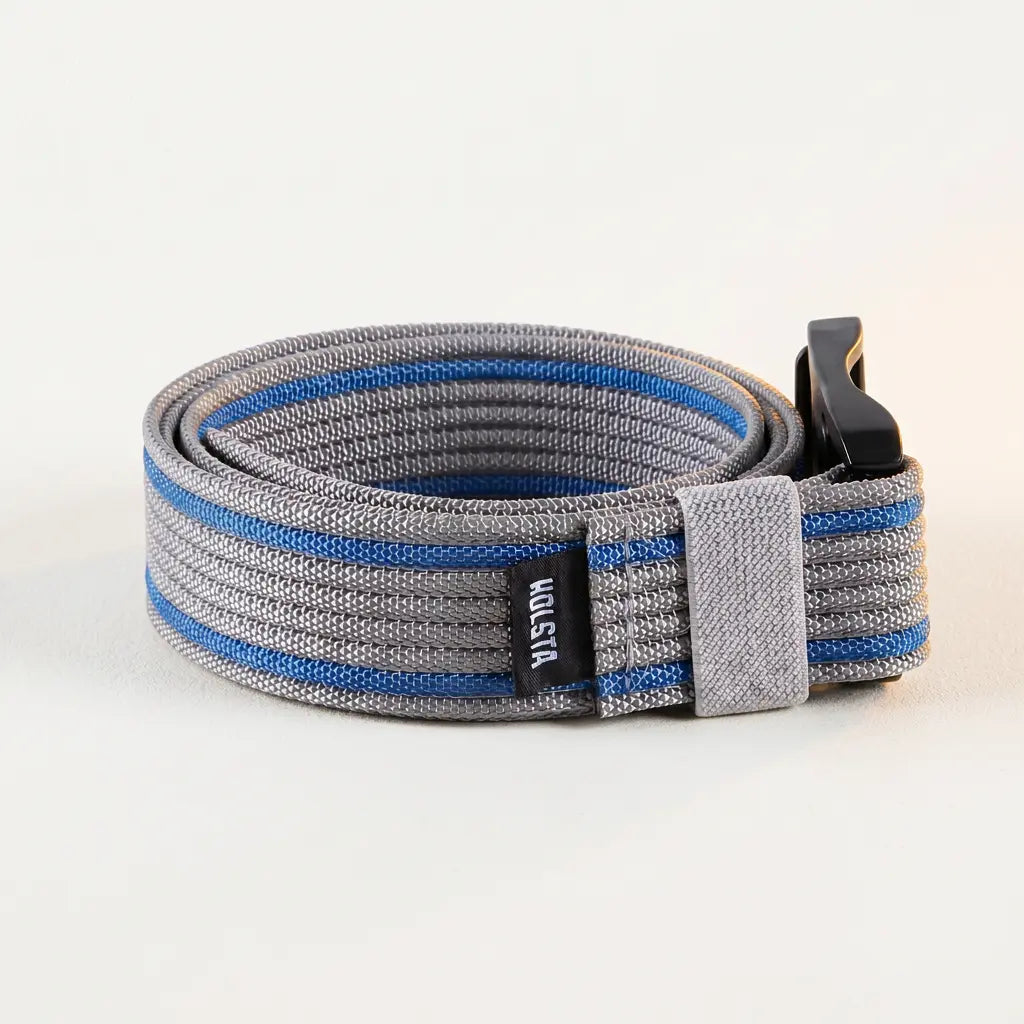 Gray and blue striped belt with a black buckle on a white background