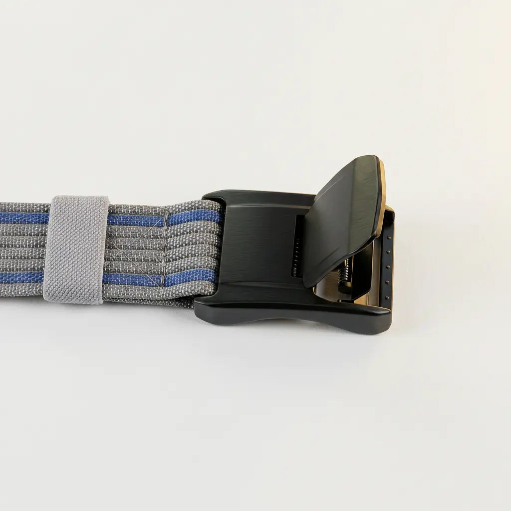 Gray and blue striped belt with a black buckle on a white background