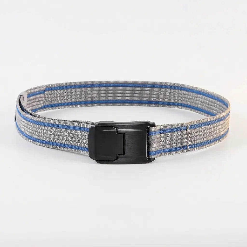 Gray and blue striped belt with a black buckle on a white background