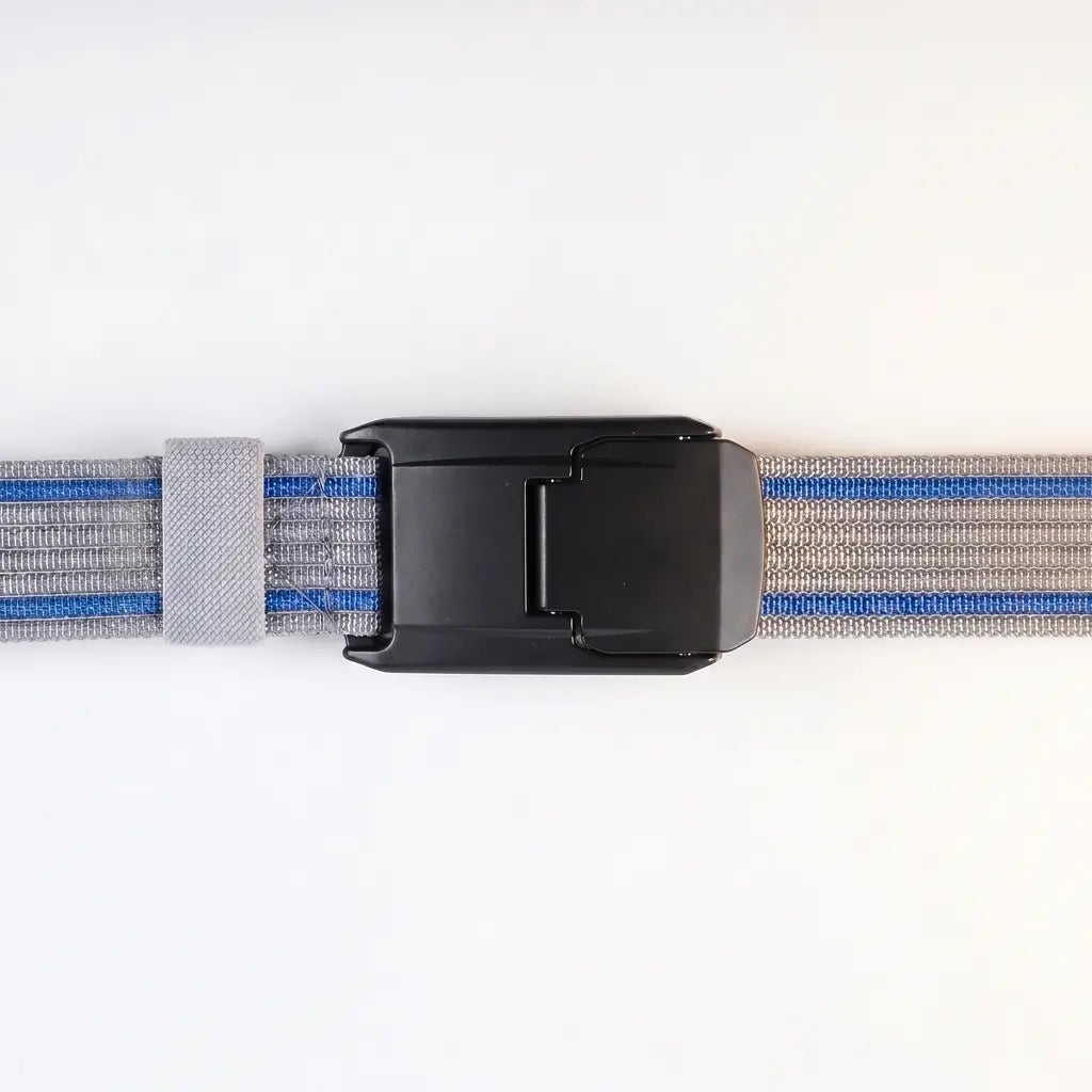 Gray and blue striped belt with a black buckle on a white background