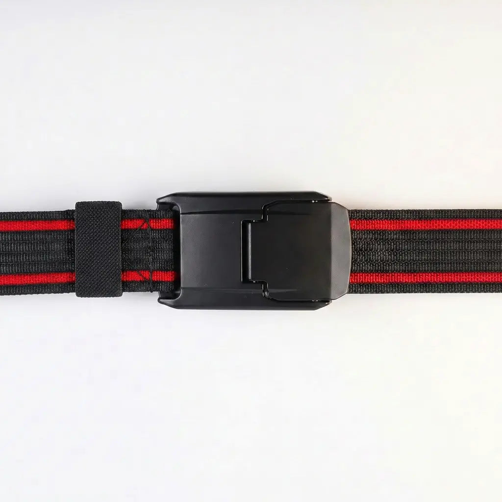 Black belt with red stripes and a black buckle on a white background