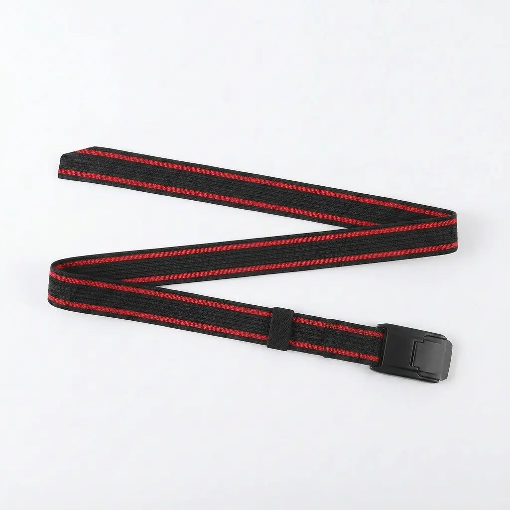 Black and red striped belt with a buckle on a white background