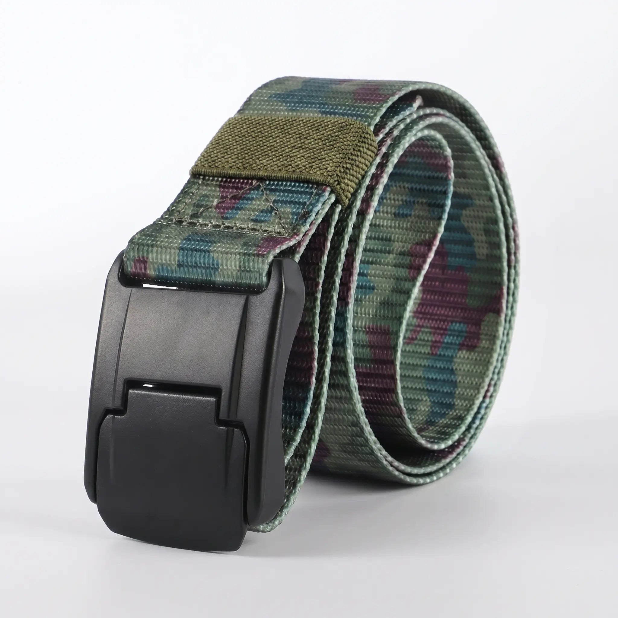 Camouflage belt with a black buckle on a white background