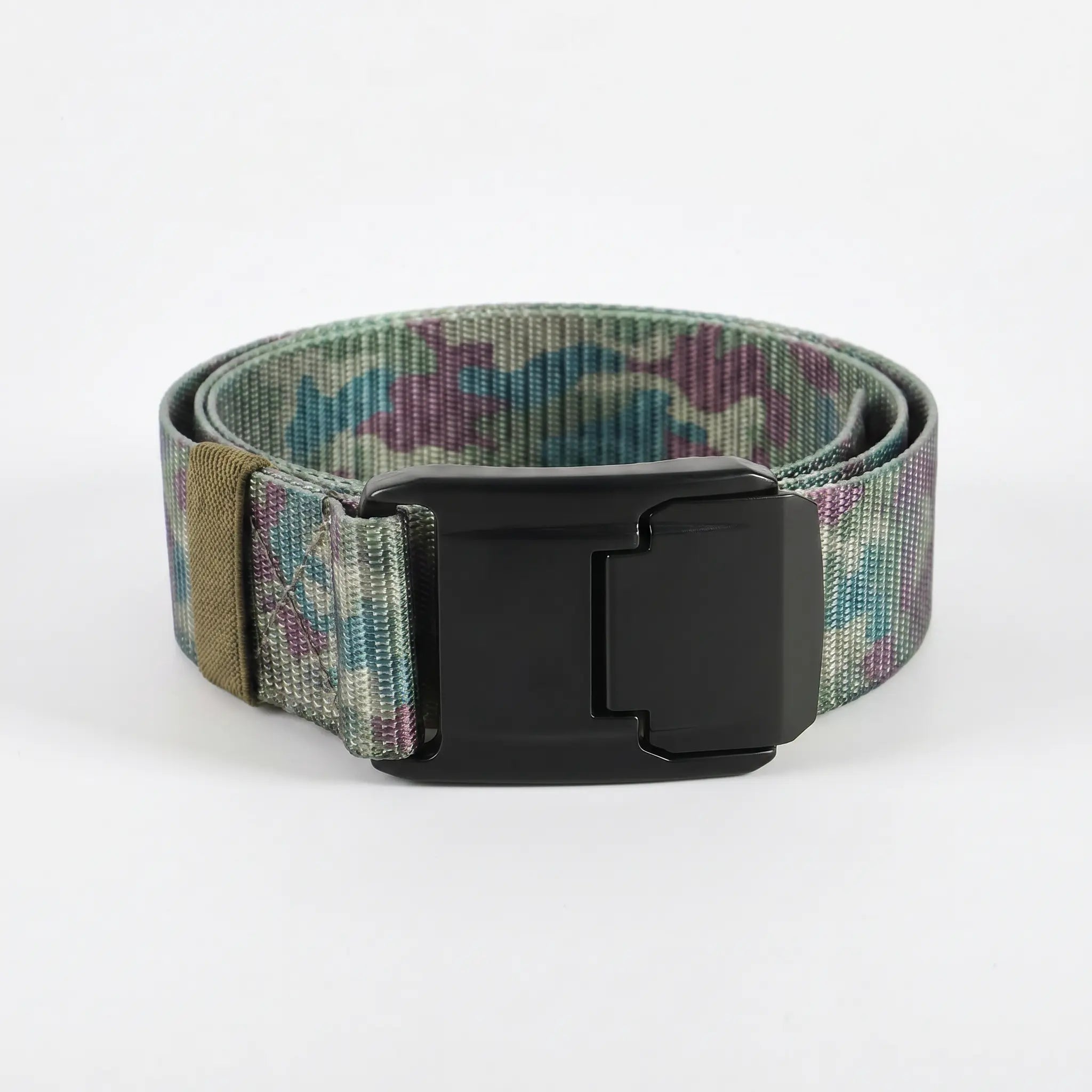 Camouflage belt with a black buckle on a white background