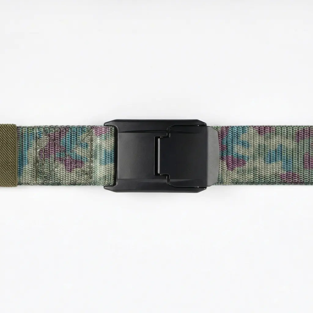 Camouflage belt with a black buckle on a white background