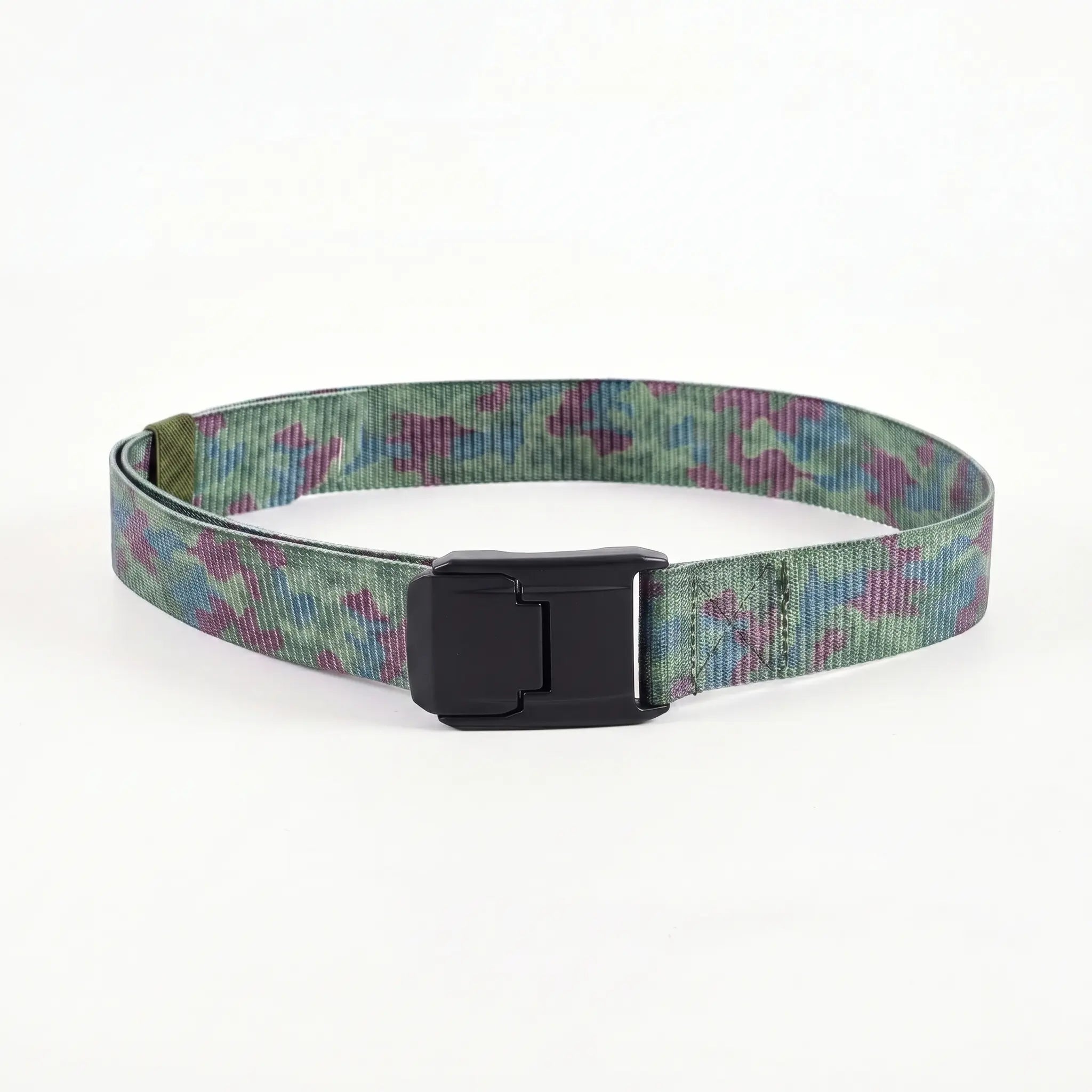 Camouflage belt with a black buckle on a white background