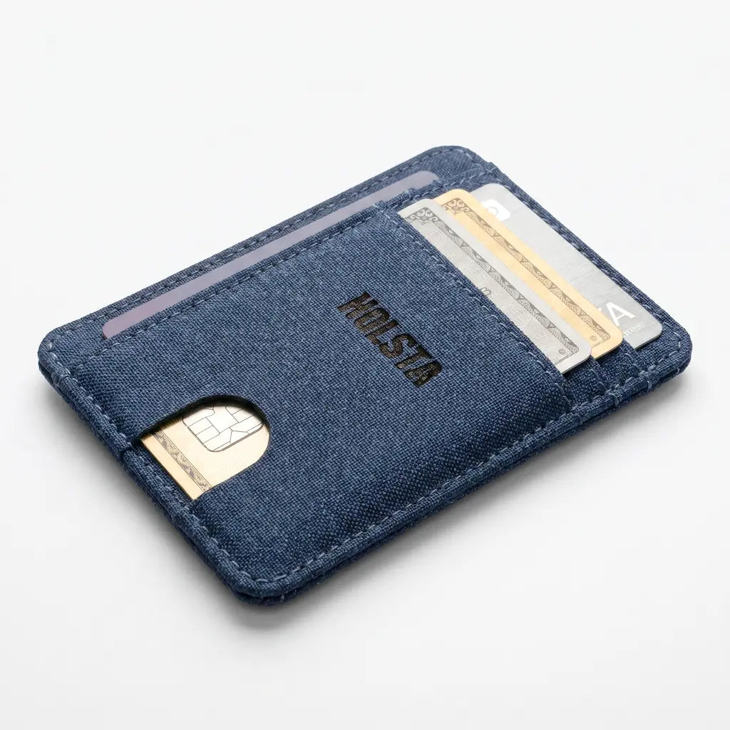 Blue cardholder with cards on a white background