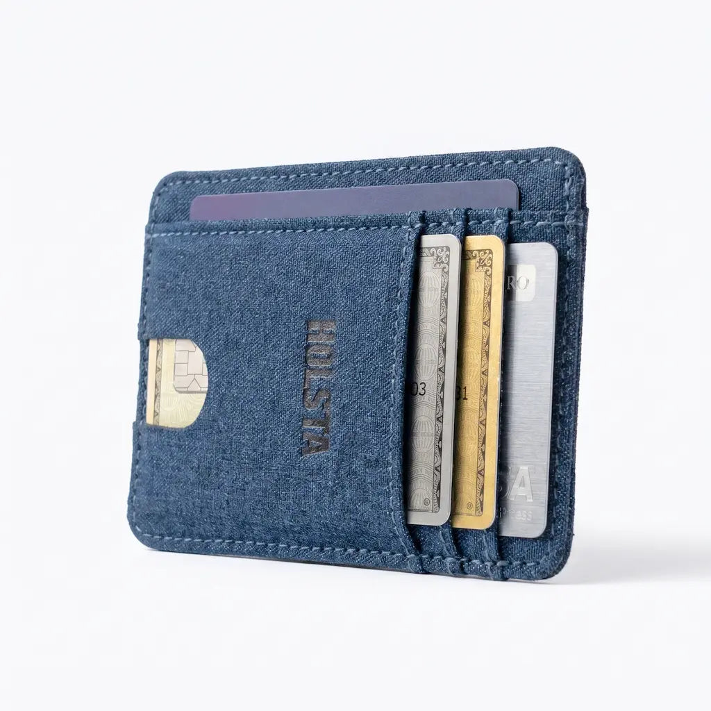 Blue wallet with card slots on a white background