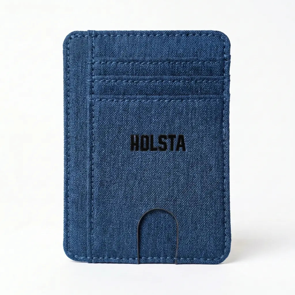 Blue cardholder with 'HOLSTA' branding on a white background