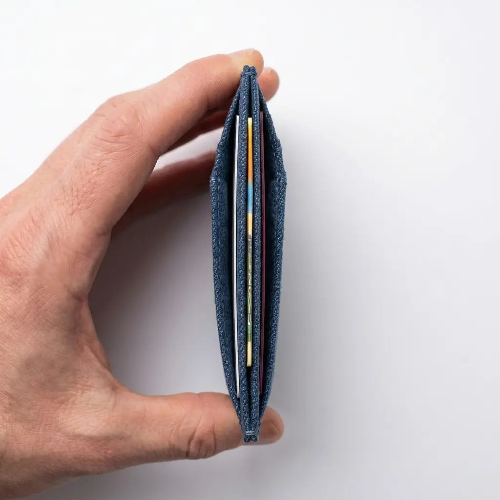 Hand holding a blue wallet against a white background