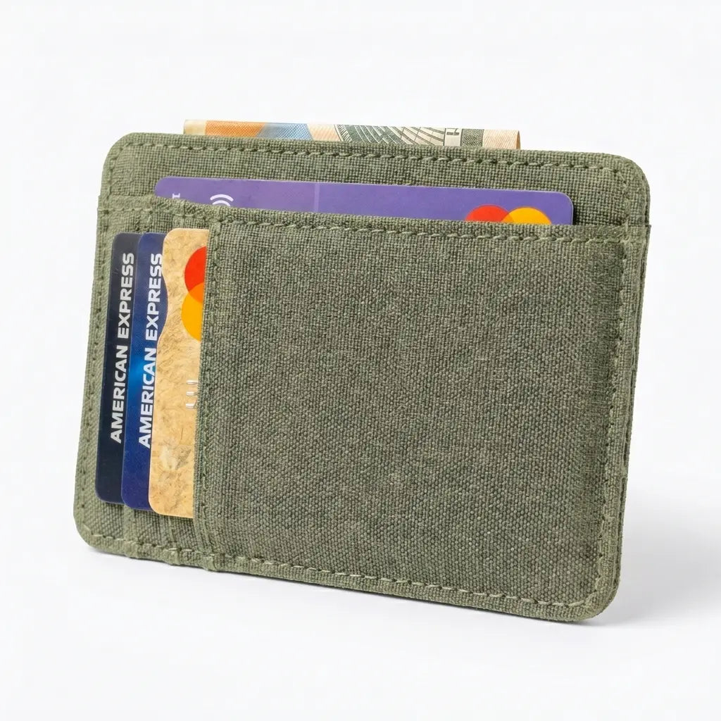 Green cardholder with cards on a white background