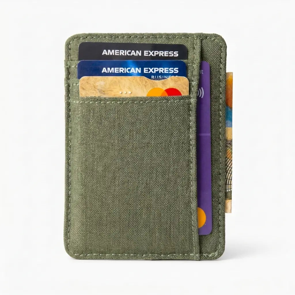 Green cardholder with cards on a white background