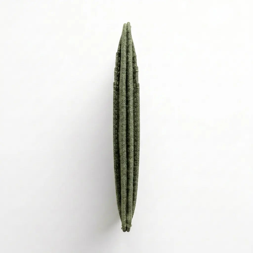 Green wallet viewed from side on a white background