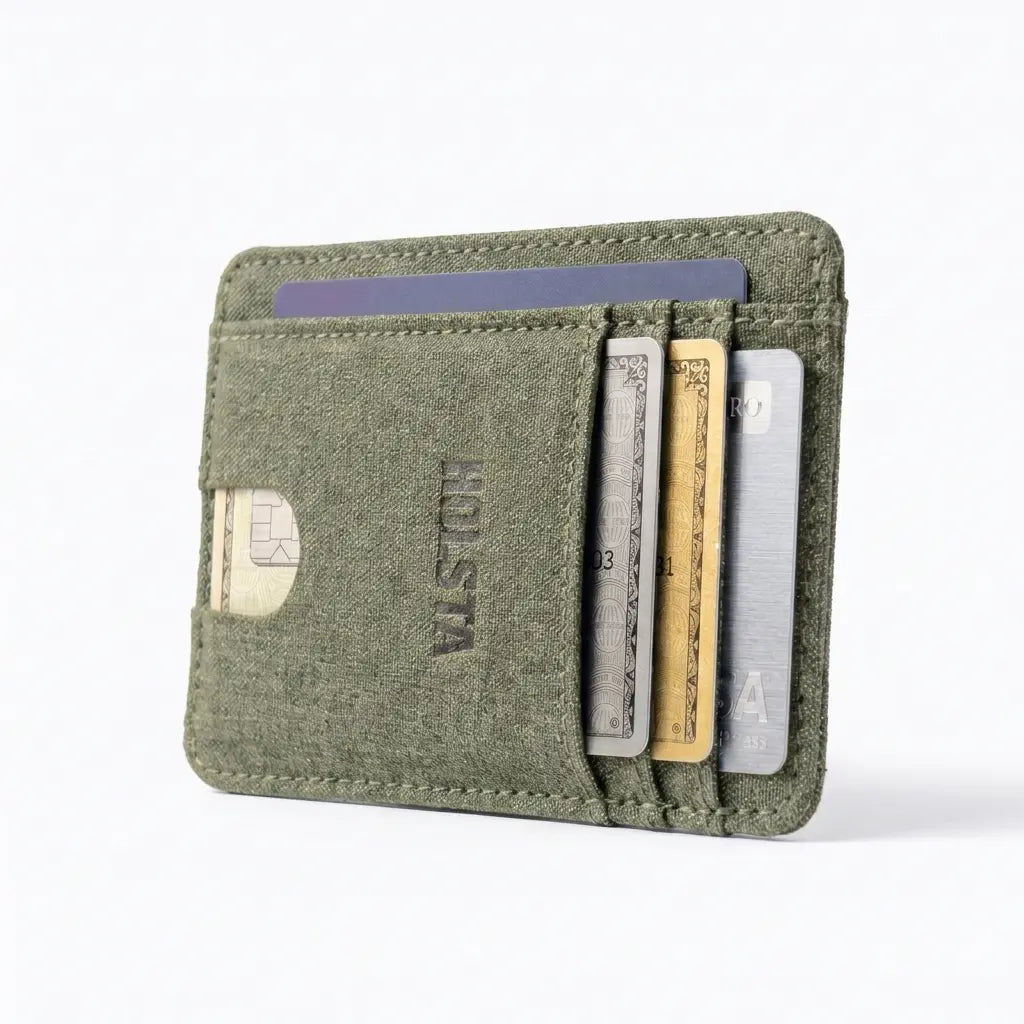 Green cardholder with cards on a white background
