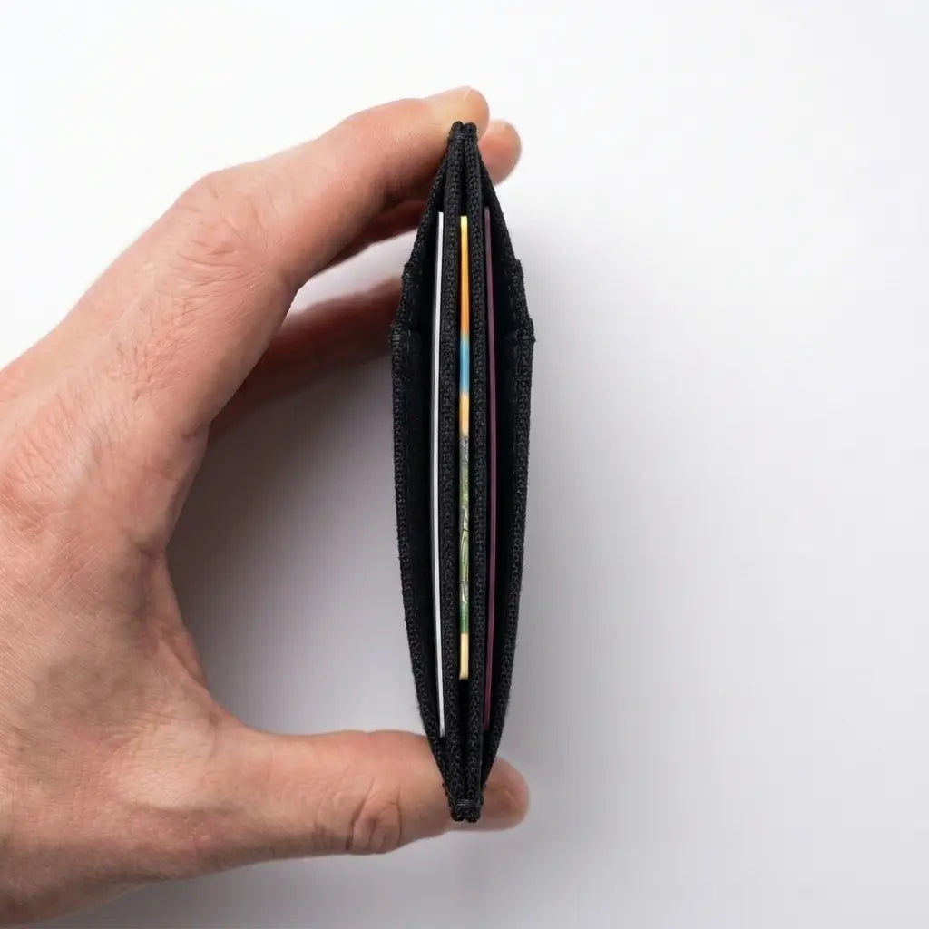 Hand holding a black wallet against a white background