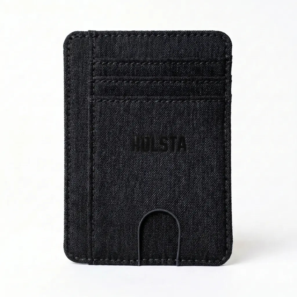 Black fabric wallet with 'HOLSTA' branding on a white background
