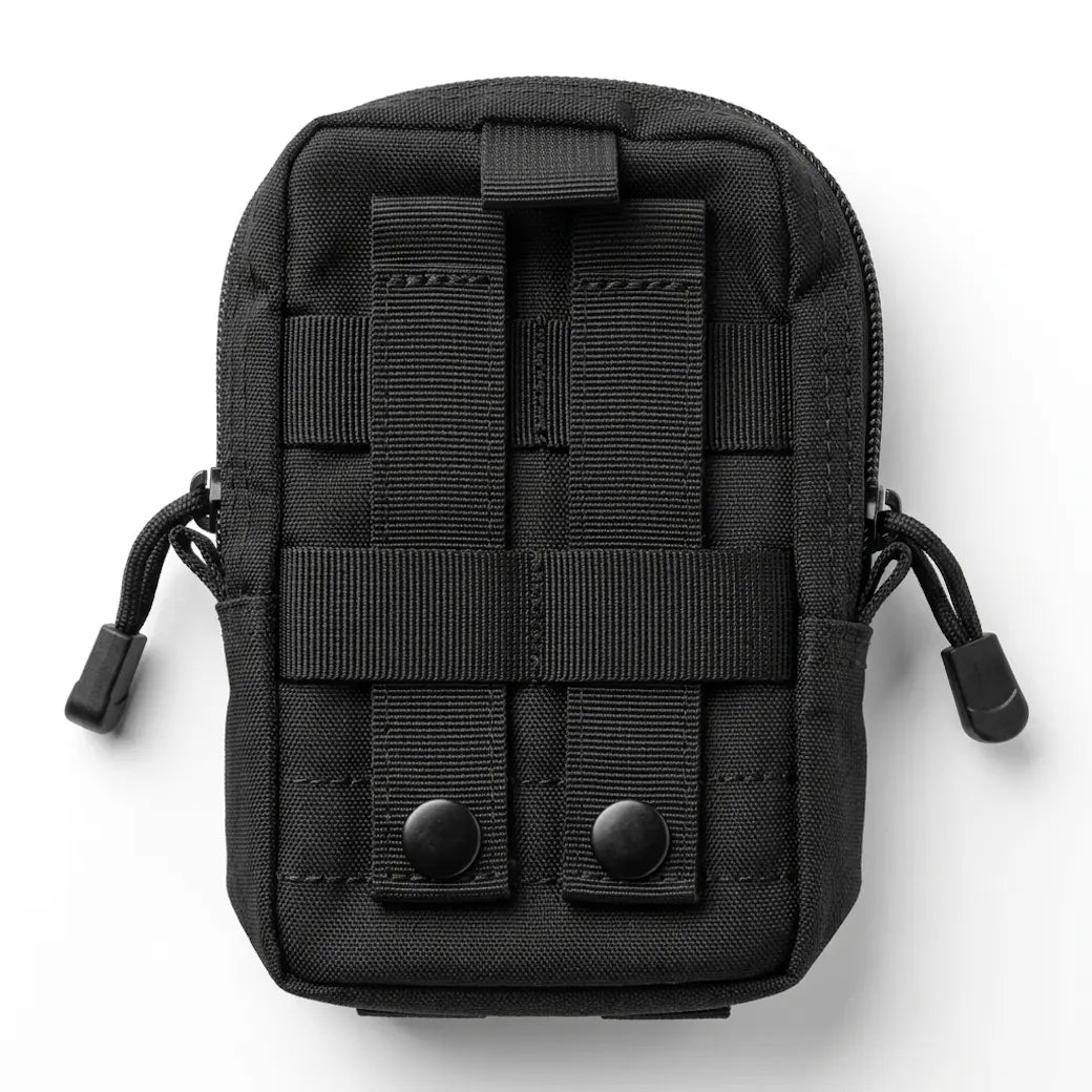 A black tactical utility pouch with MOLLE webbing, two front snap buttons, and side compression cords, shown on a clean white background.