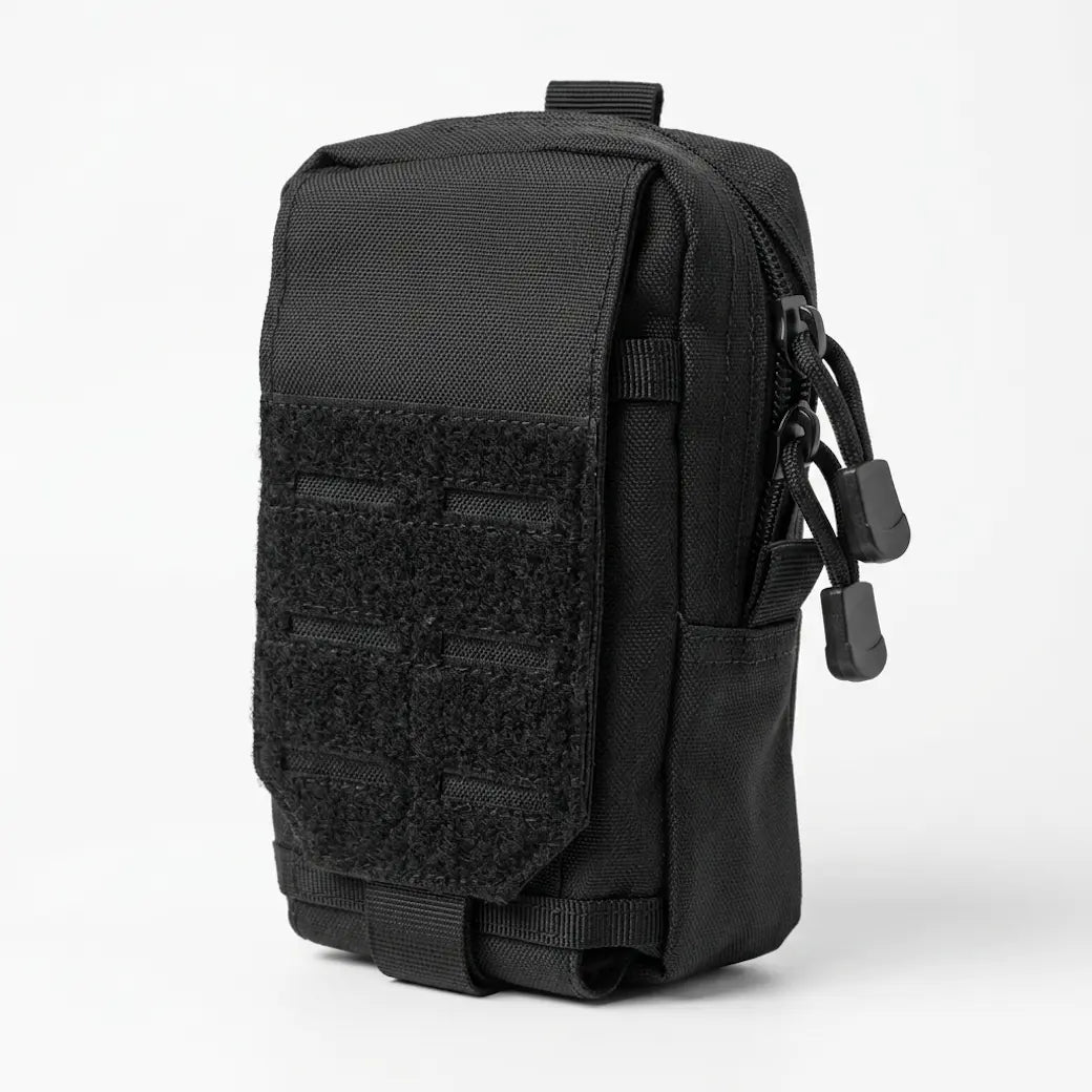A black tactical utility pouch with a front hook-and-loop panel and side zipper, photographed on a clean white studio background.