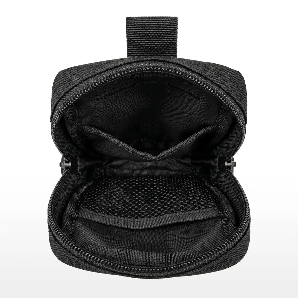 A black zippered utility pouch shown open against a plain white background, displaying its interior compartments, including a mesh pocket and zipper details.
