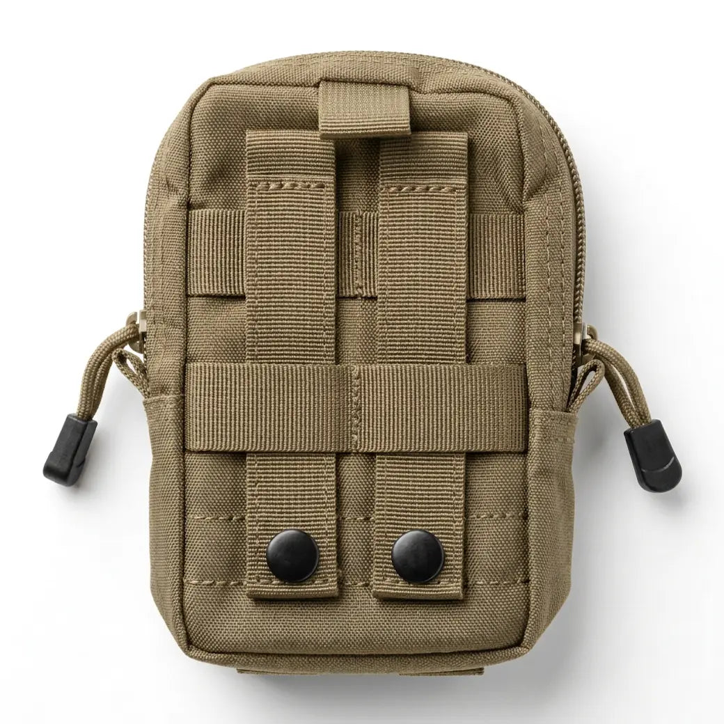 A small olive drab tactical pouch with MOLLE webbing, a top zipper, and two black snap buttons on the front, photographed on a clean white background.