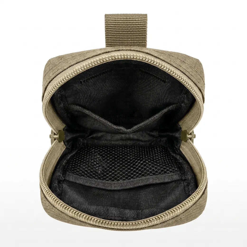 An open tactical pouch in olive drab canvas, showing a black interior with mesh pockets and a top zipper tab, set against a plain white background.
