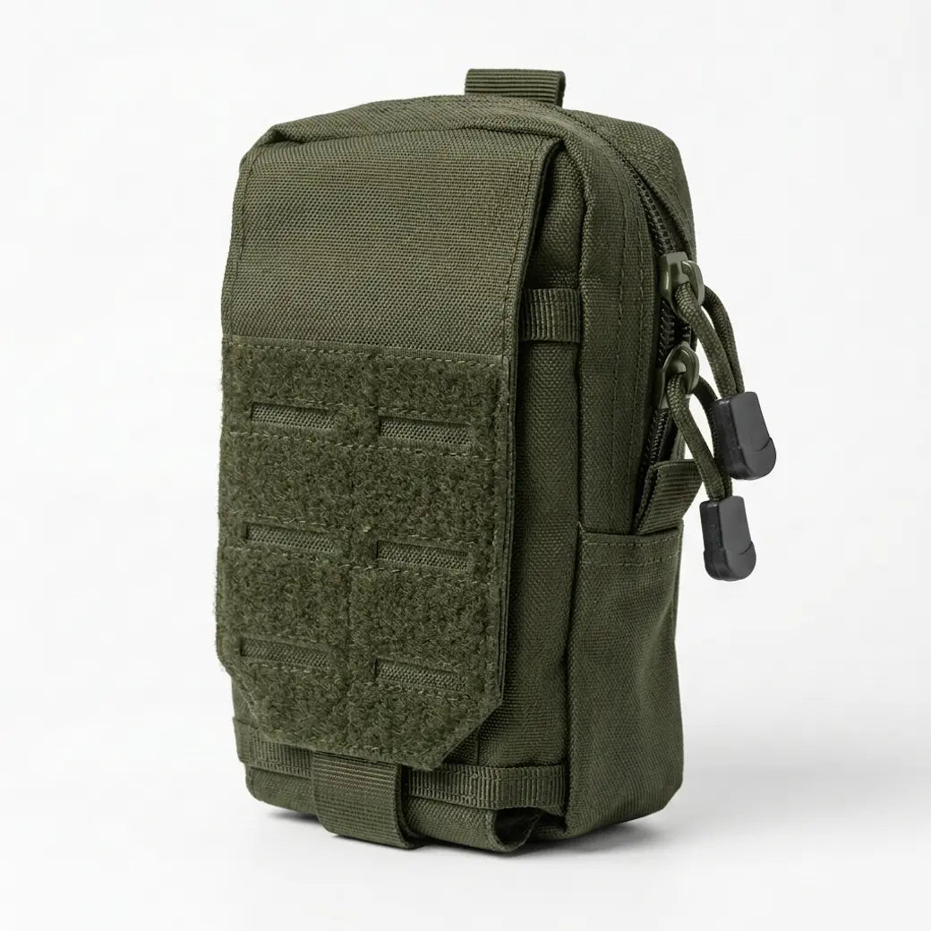 An olive green tactical utility pouch with MOLLE webbing and a side zipper, shown on a clean white background.