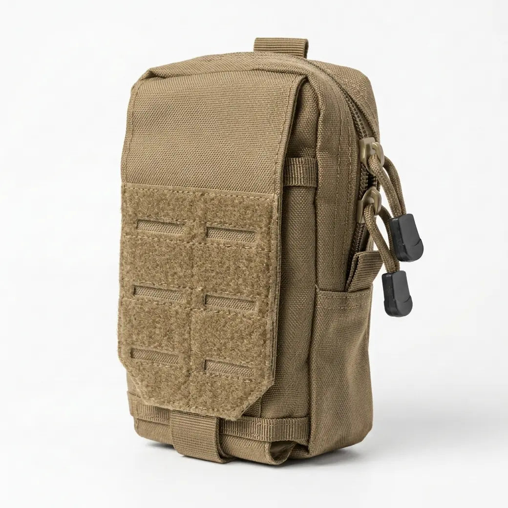 A tactical utility pouch in coyote brown canvas, featuring a front MOLLE webbing panel, a zippered main compartment, and a side pocket with a black plastic toggle, shown on a white background.