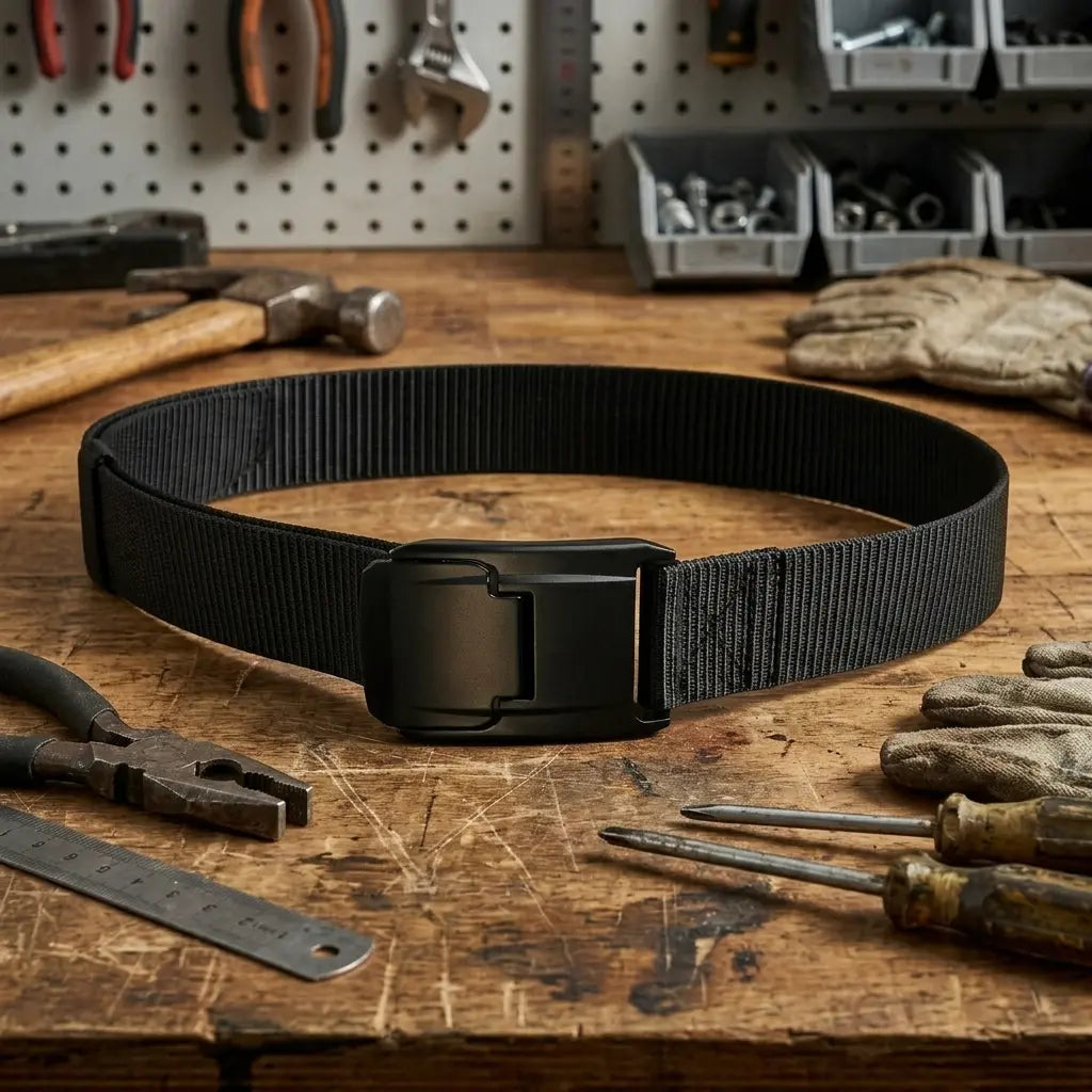 A black nylon web belt with a matte black metal quick-release buckle, displayed on a rustic wooden workbench surrounded by tools like pliers, screwdrivers, a hammer, and work gloves.