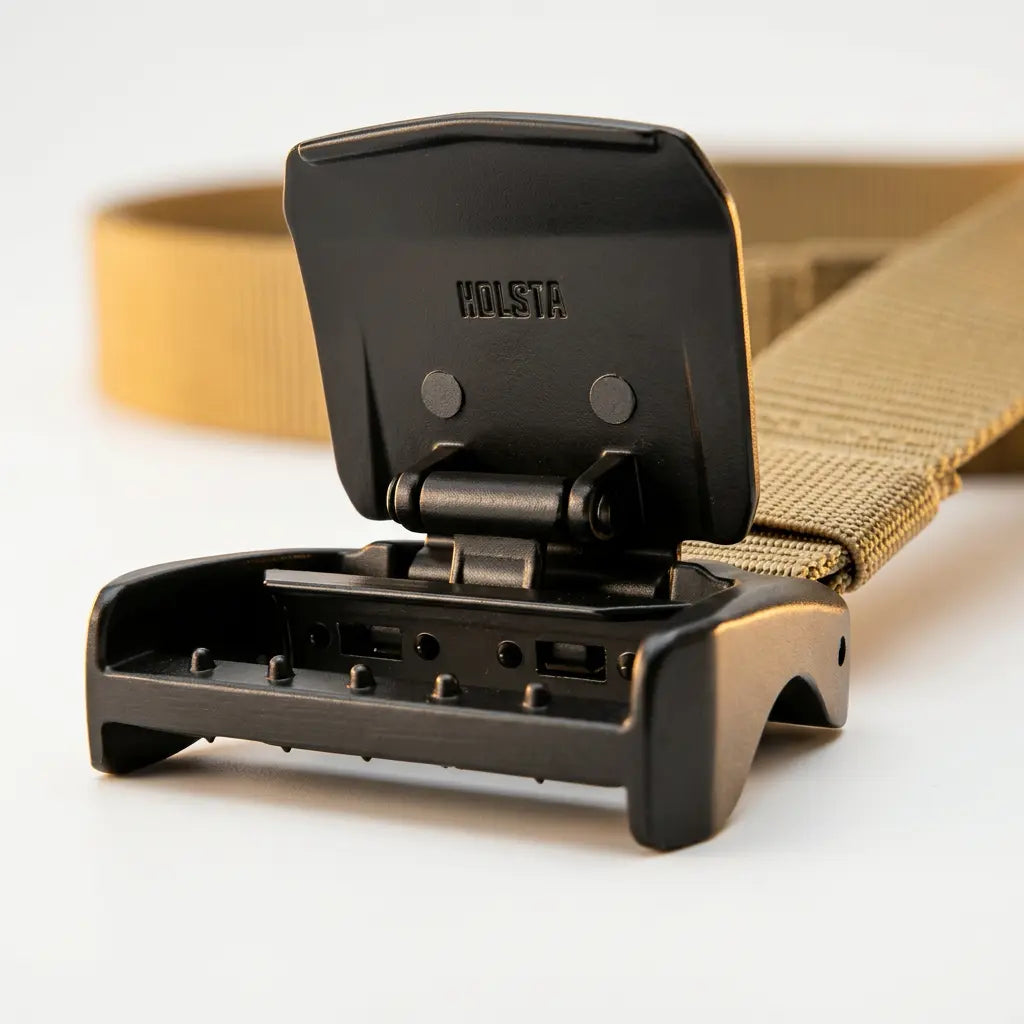 Khaki belt with a black buckle on a light gray background